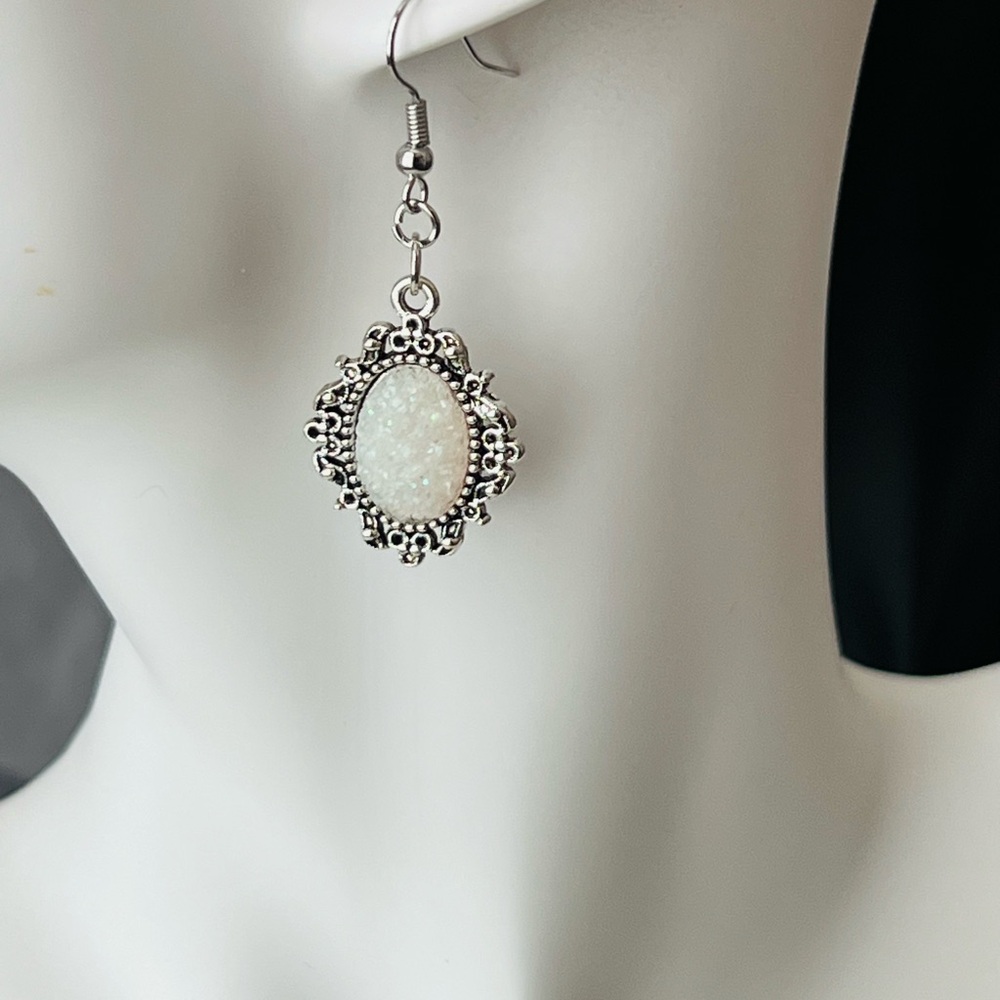 Silver and White Sparkling Earrings